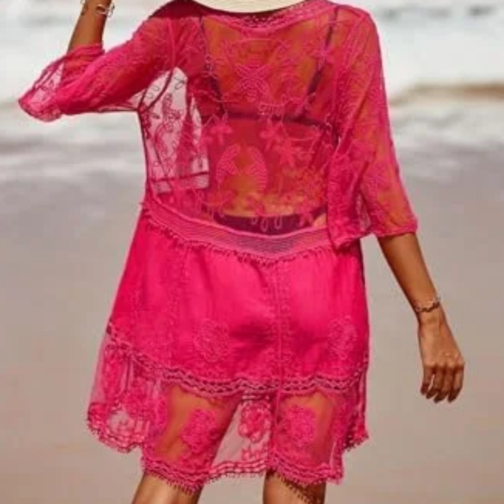 NWT Pink Lace Bathing Suit Swimsuit Cover Up Loose bell sleeves measurements - Picture 9 of 16